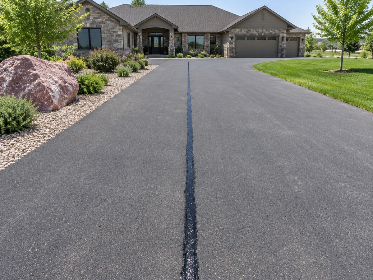 Straight as a ruler, fresh crack filler runs up the center seam of a wide driveway toward a stone-faced ranch
