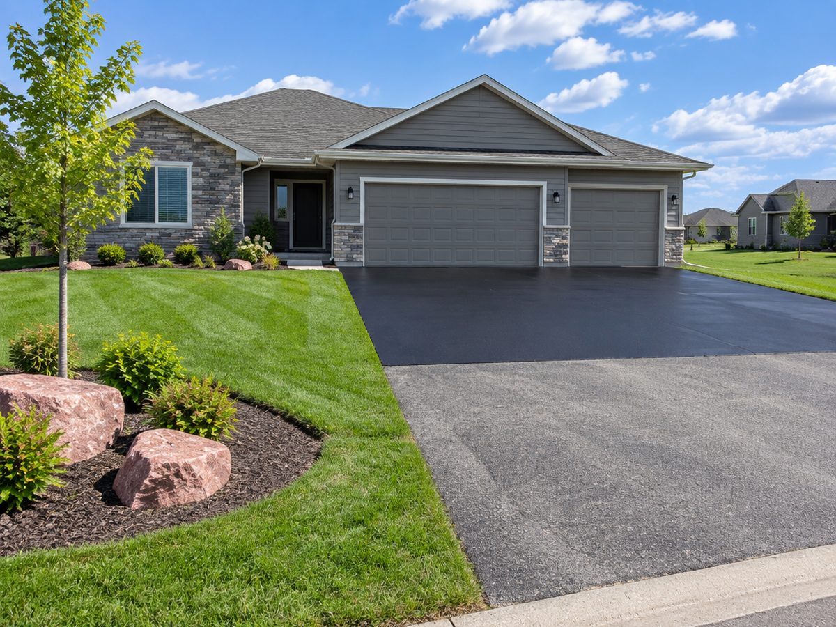 Stacked stone trims a gray ranch whose three-car driveway gleams with new sealer near the doors and fades to gray toward the curb