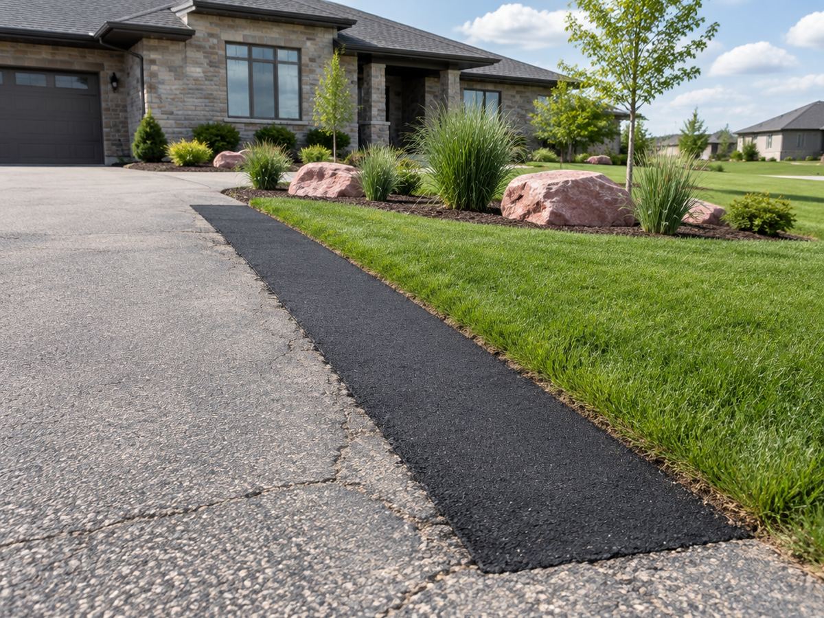 Along the lawn edge of a faded, cracked driveway, a long, narrow patch of new asphalt runs toward ornamental grasses and pink boulders