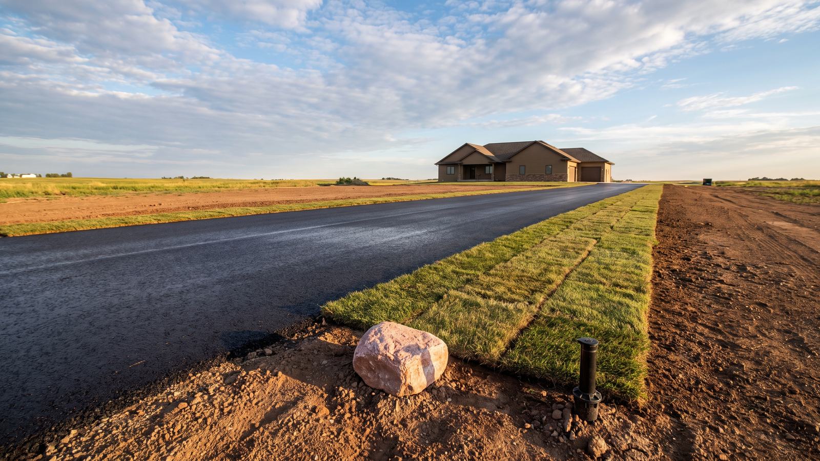 Strips of new sod edge a long, freshly paved driveway crossing bare ground to a brown ranch, with a pink rock and sprinkler head