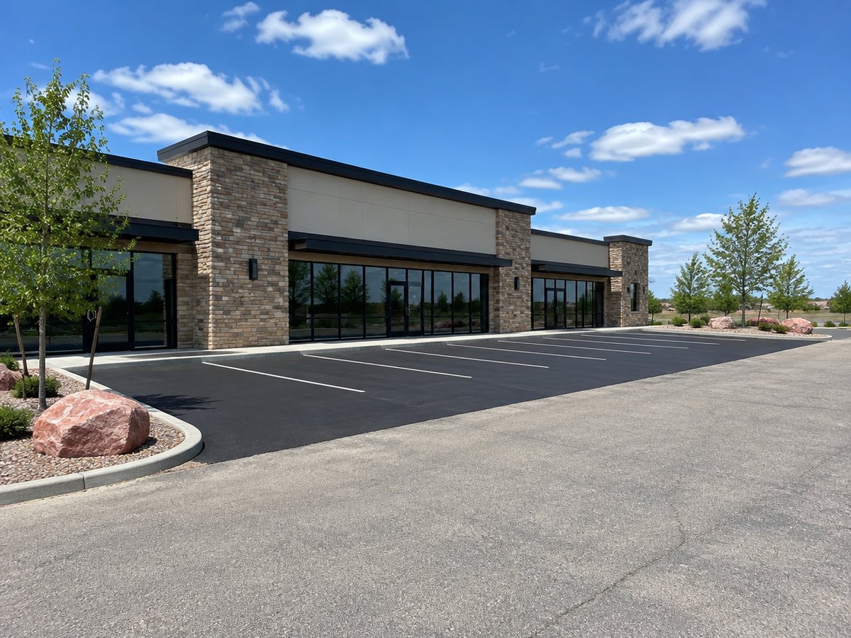 Stone pillars and dark canopies front a new retail strip whose parking stalls are sealed black while the broad drive aisle stays faded gray