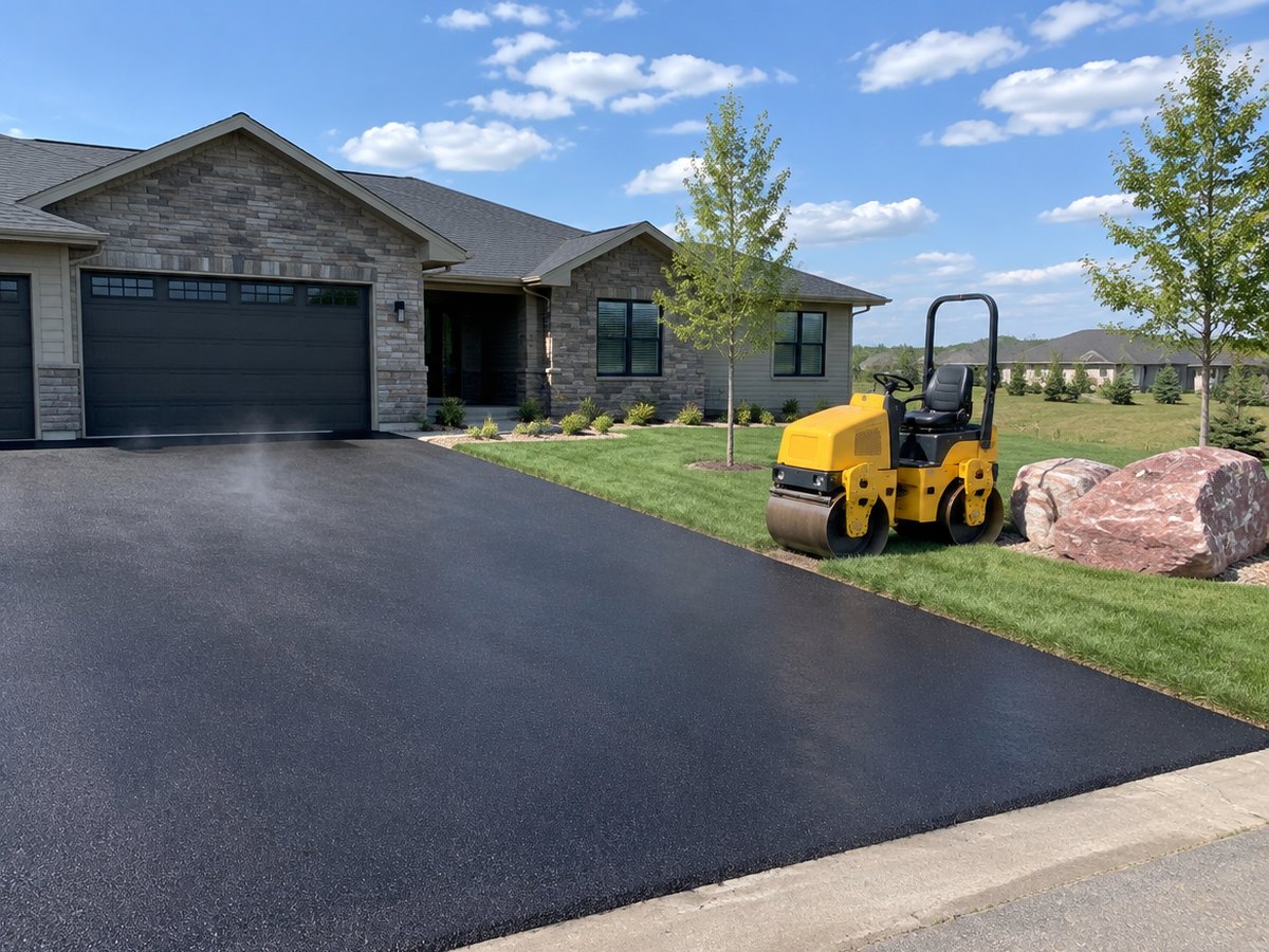 Parked on the lawn by two pink boulders, a yellow roller sits near a still-steaming driveway of new asphalt at a stone-veneer ranch
