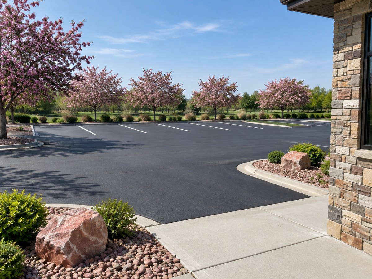 Rows of pink-blossomed trees stand beyond new sealcoat and bright stall lines, with a pink boulder and a stone-veneer corner up close